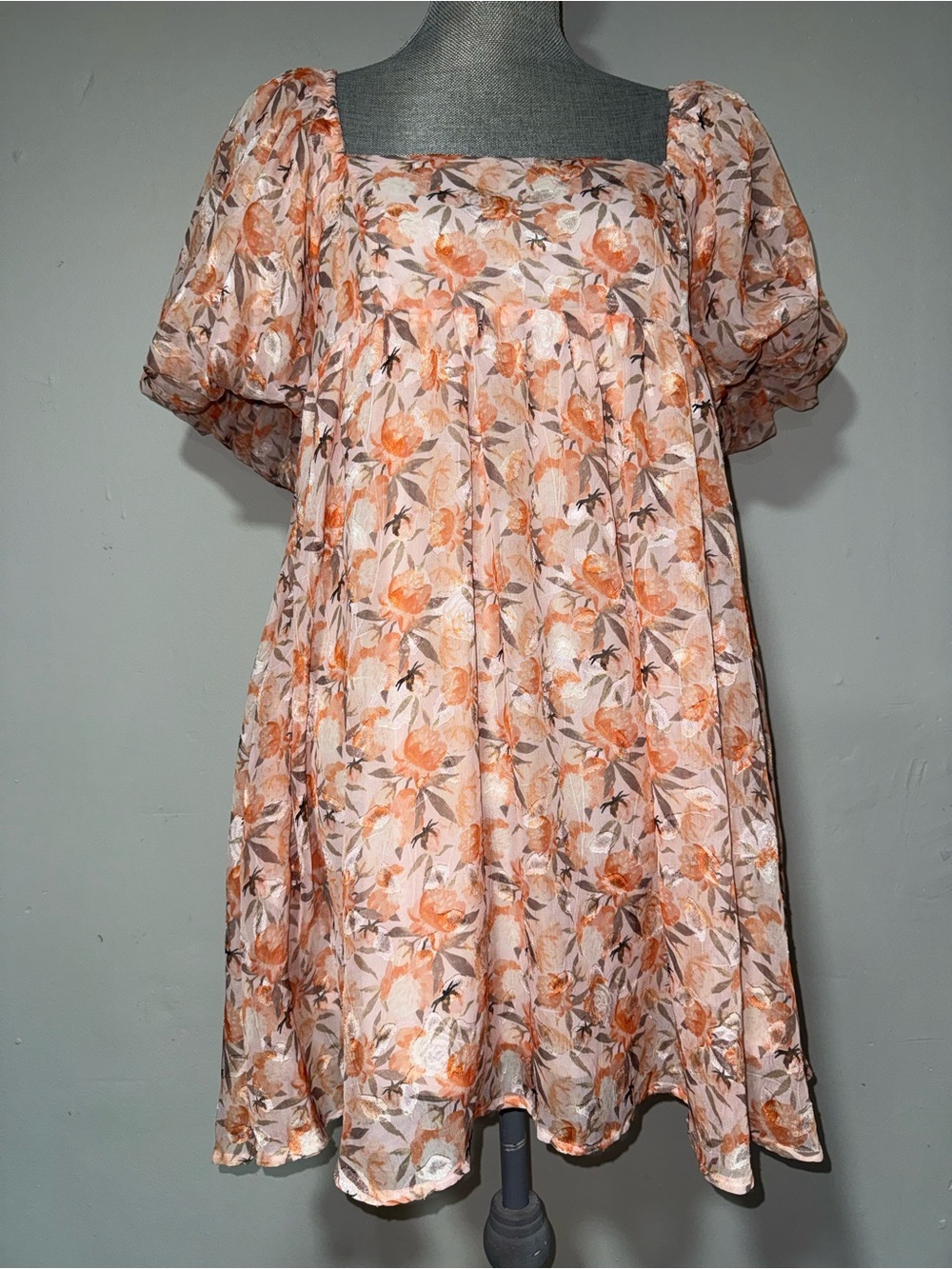 Floral Puff-Sleeve Mini Dress in Peach - Picture 2 of 7